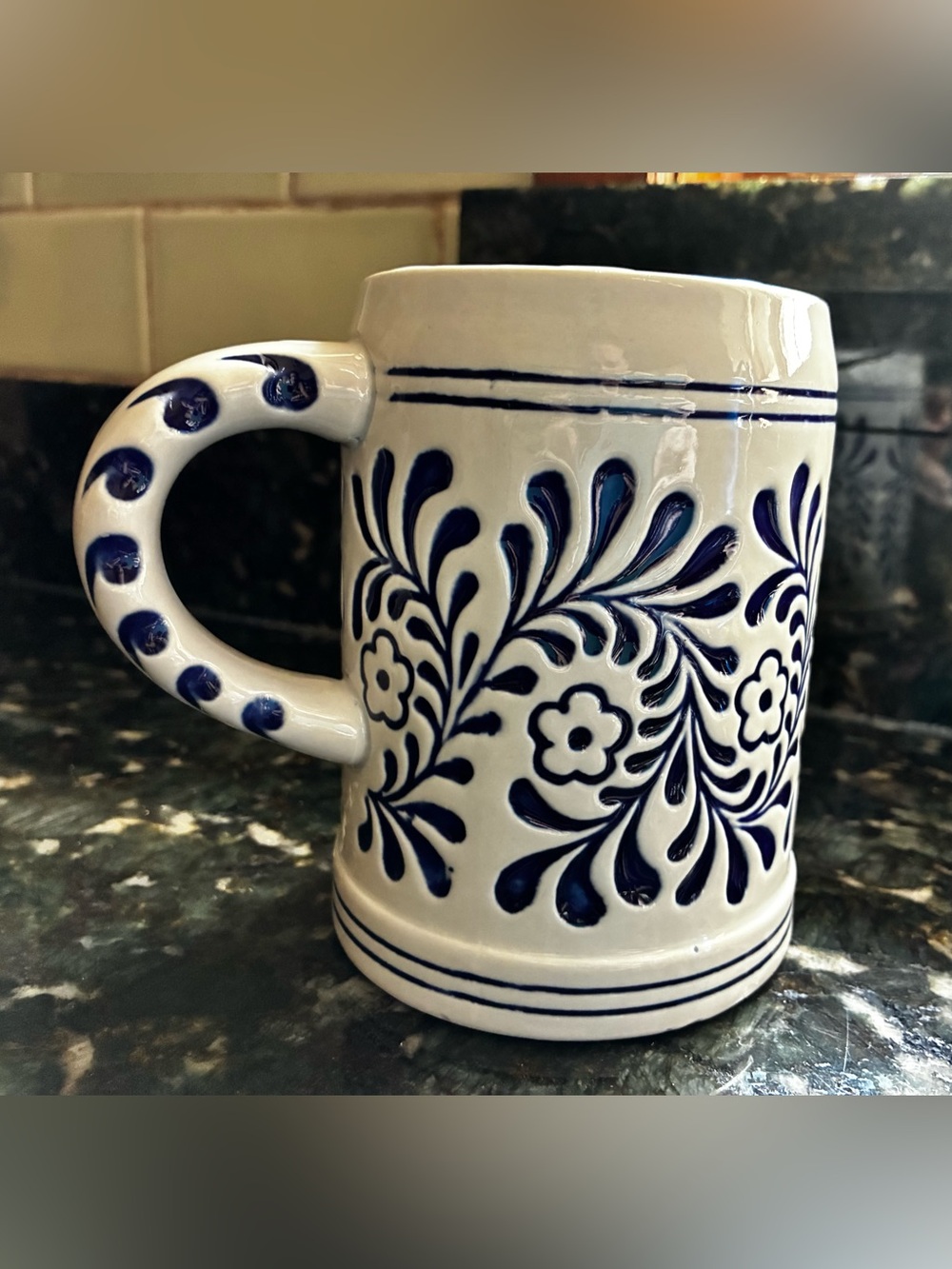 Ceramarte Blue Floral Ceramic Mug - White and Blue Home Art